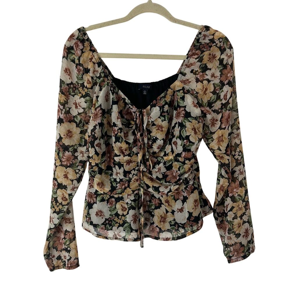 Eclair Dark‎ Floral Crop Top Cottage Boho Y2K 90s Lined Womens Small Sheer Fairy